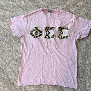 Gildan Pink Short Sleeve Tee with Leopard Greek Letters